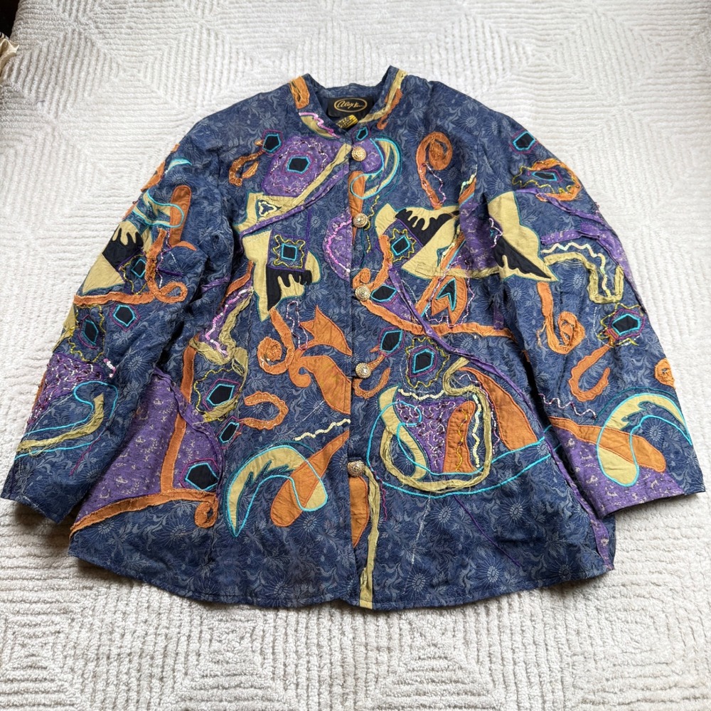 Alex Kim Wearable Art Jacket Women's 2X Blue Abstract Applique Sequin Boho Artsy